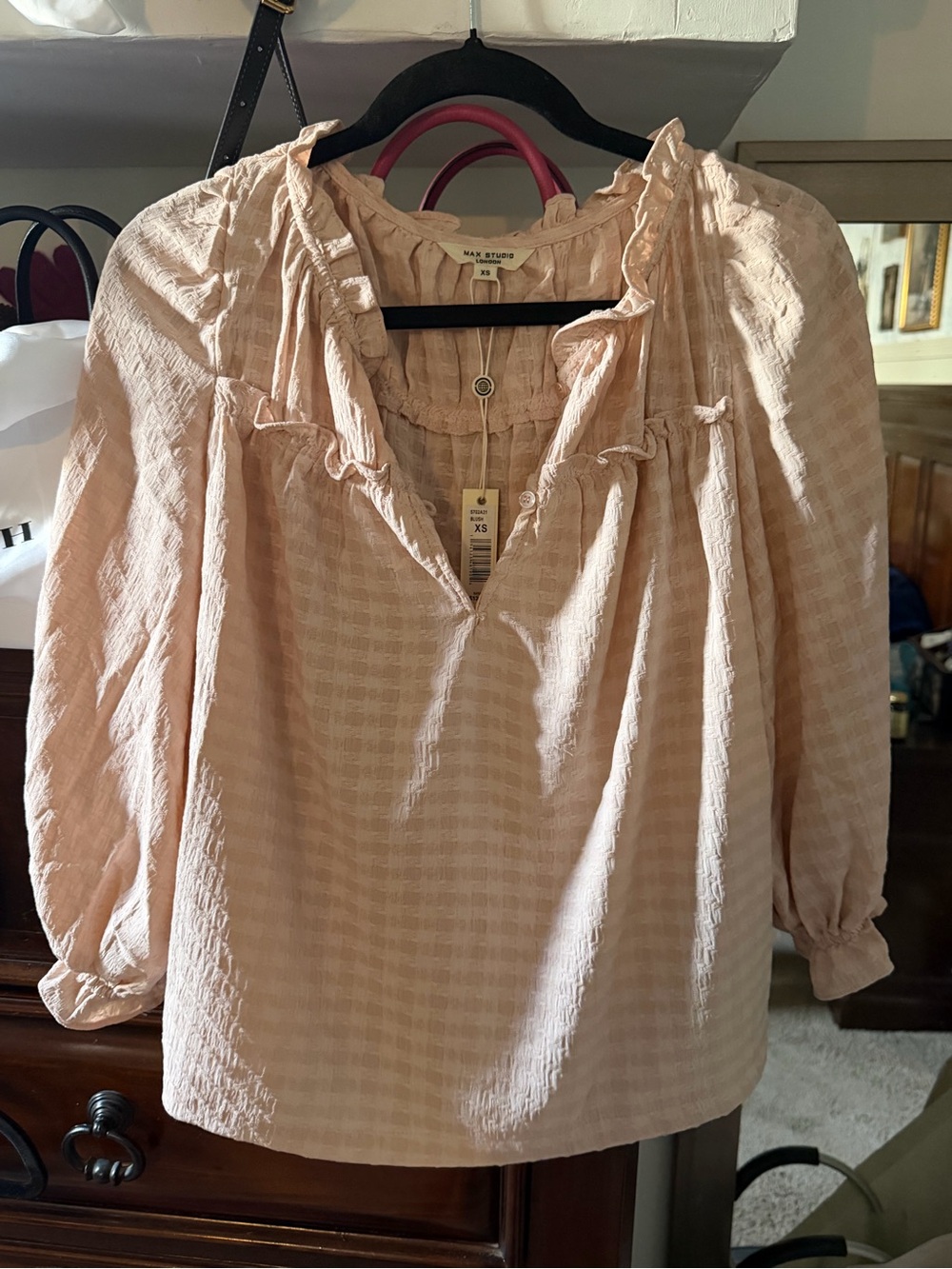Max Studio Light Blush Ruffle Peasant Blouse